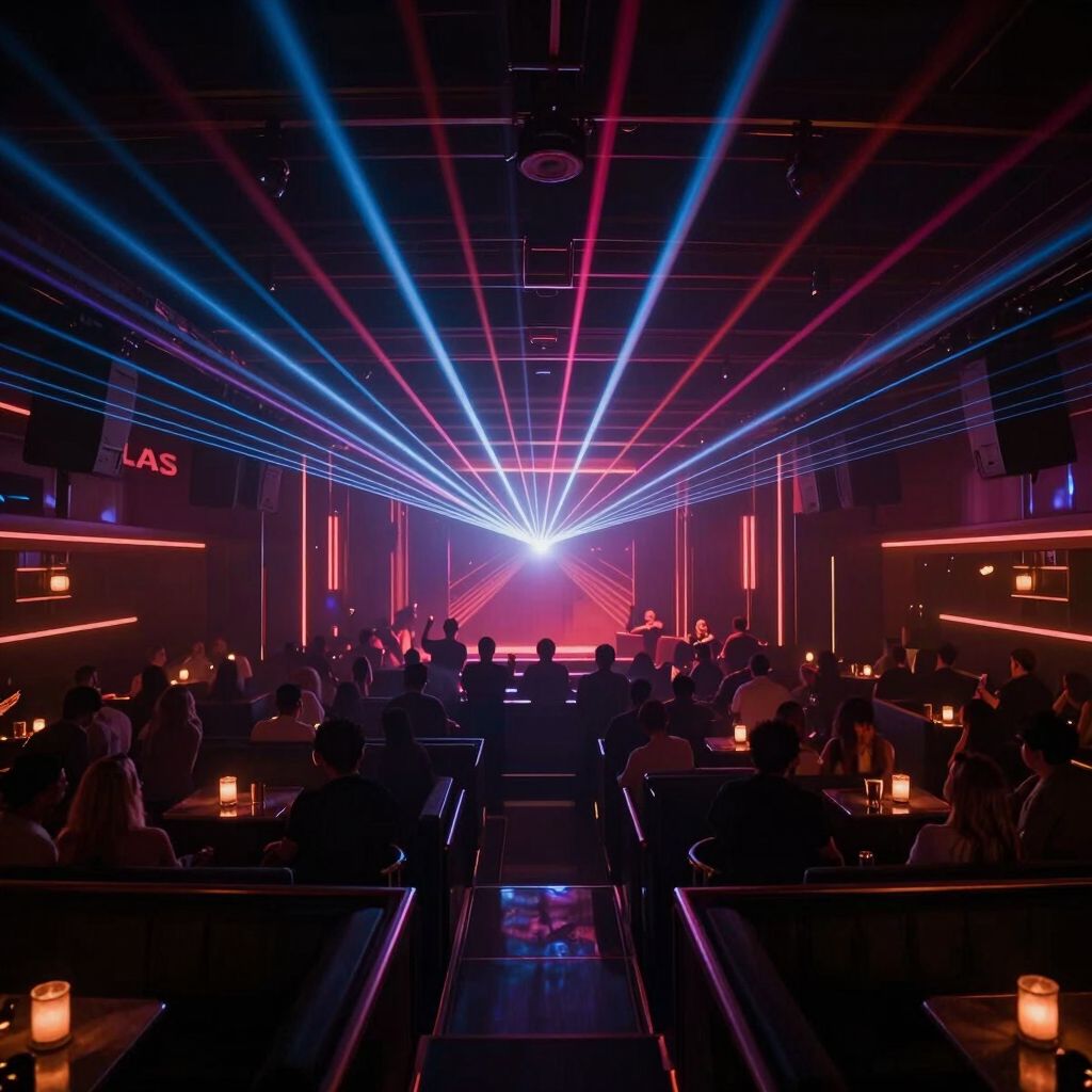 Nightclub in Las Vegas mit Lasern, Blick vom VIP-Balkon