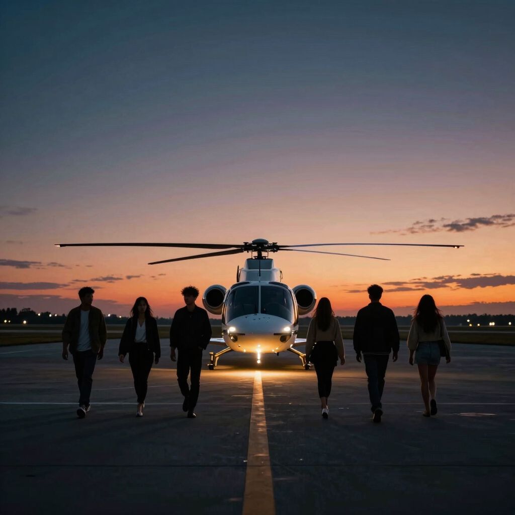 Freunde auf dem Weg zum Helikopter in der Dämmerung
