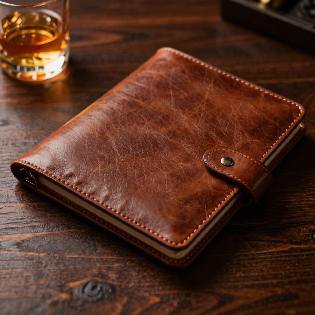 Ledermappe mit Reiseplan neben einem Whiskeyglas