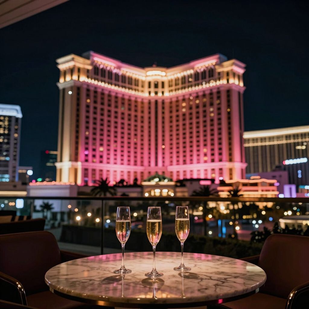Champagner auf einer Terrasse mit Blick auf die Hotels am Strip