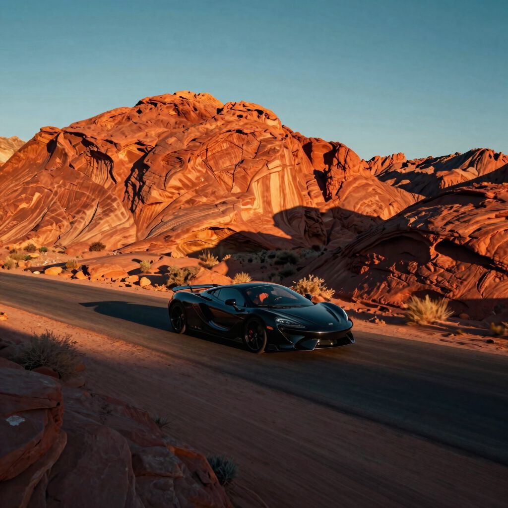Sportwagen im Valley of Fire zur goldenen Stunde