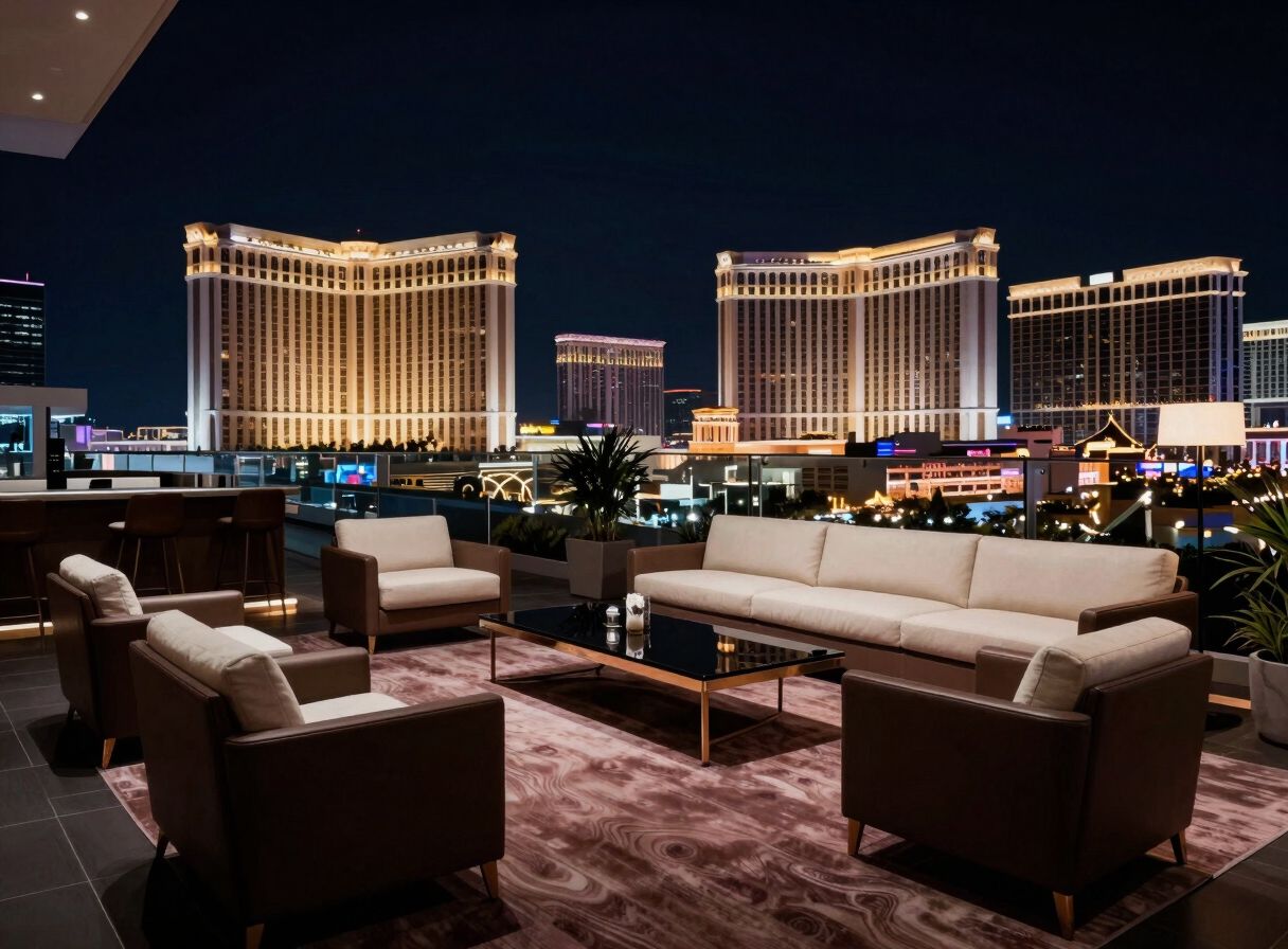 Lounge mit Blick auf die Hotels am Strip