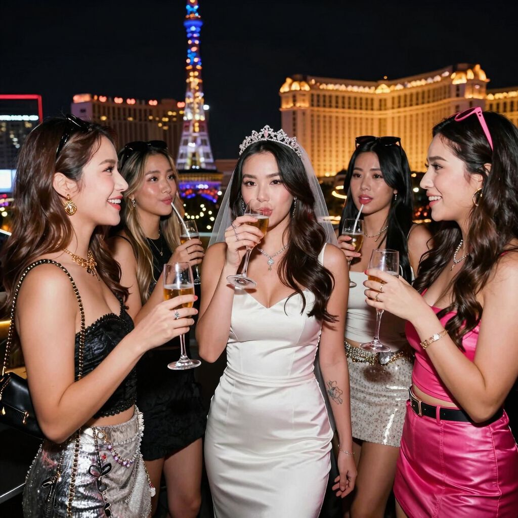 Freundinnen feiern mit Champagner vor der Skyline von Las Vegas