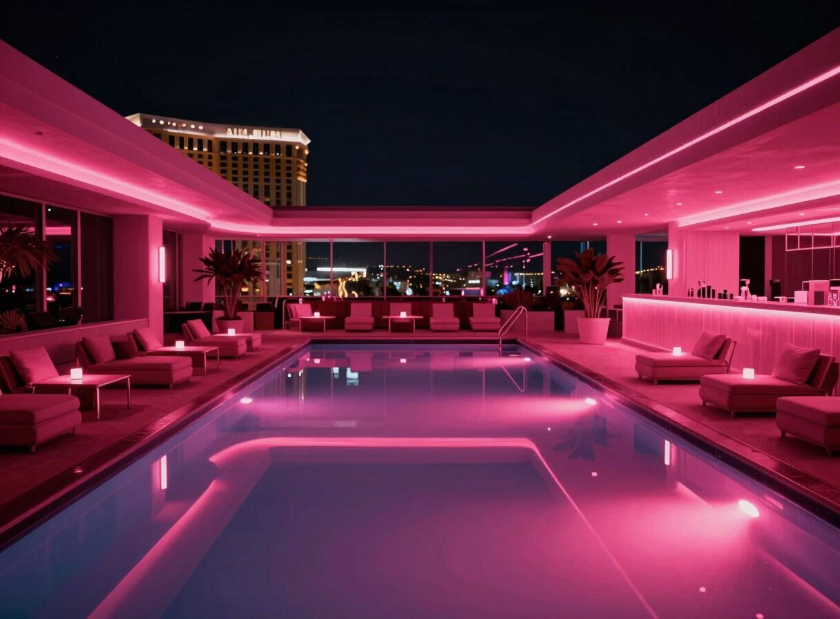 Rooftop-Poolclub bei Nacht in pinkem Licht
