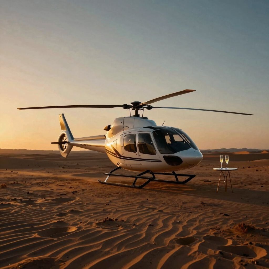 Helikopter in der Wüste bei Sonnenuntergang