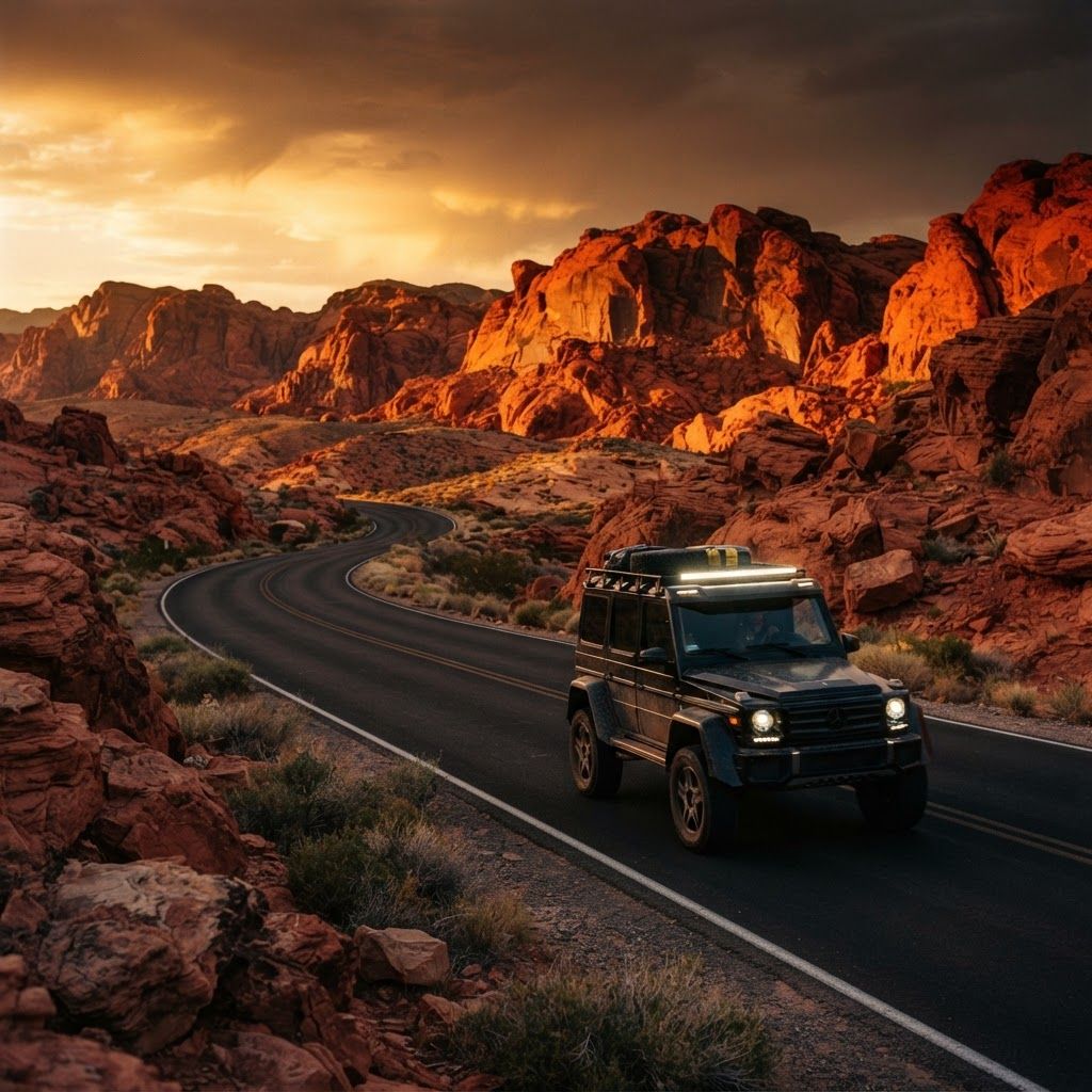 Geländewagen im Valley of Fire bei Sonnenuntergang