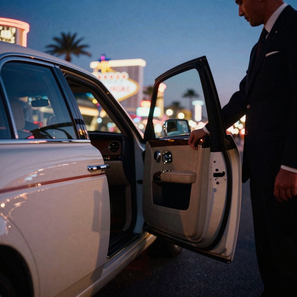 Chauffeur öffnet die Tür einer Limousine in der Dämmerung