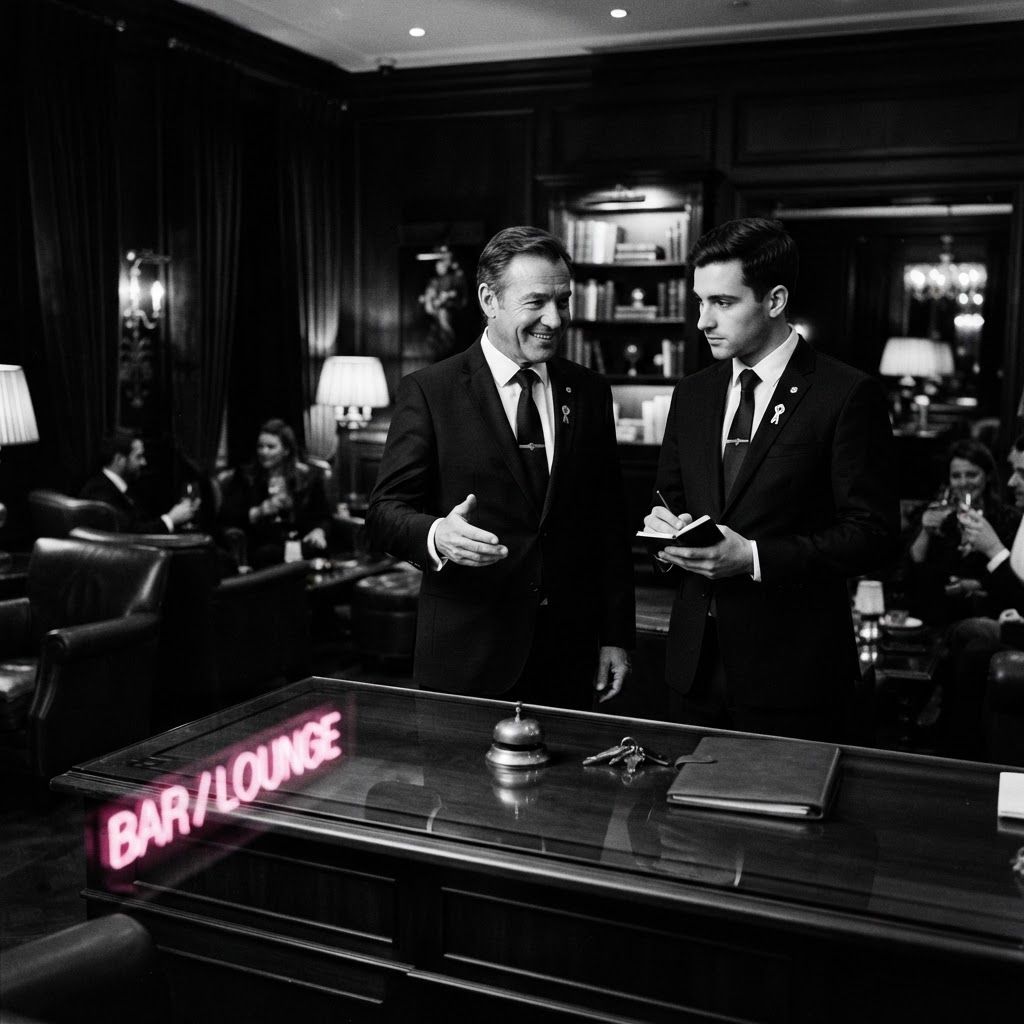 Zwei Concierges in einer Hotel-Lounge, Schwarz-Weiß