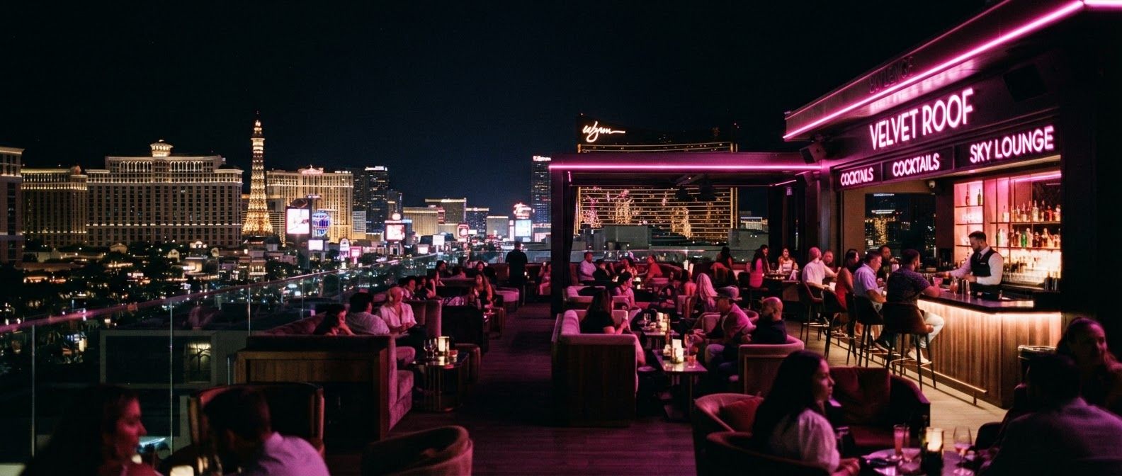 Rooftop-Lounge über dem Strip bei Nacht