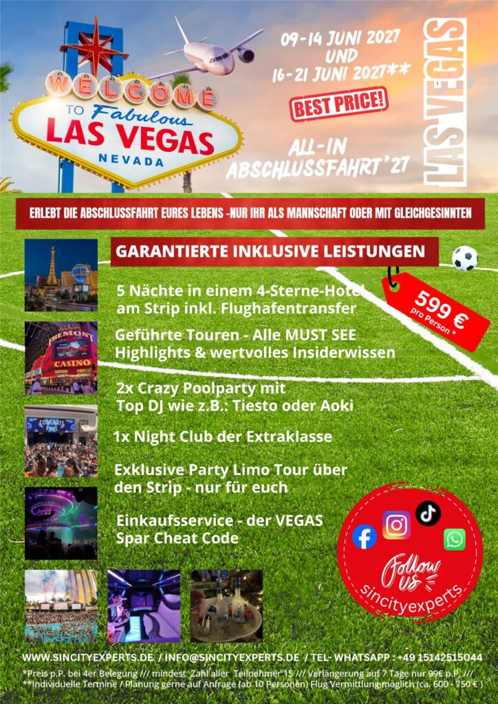 Flyer Fußball-Abschlussfahrt Las Vegas, 9.–14. und 16.–21. Juni 2027, 599 Euro pro Person