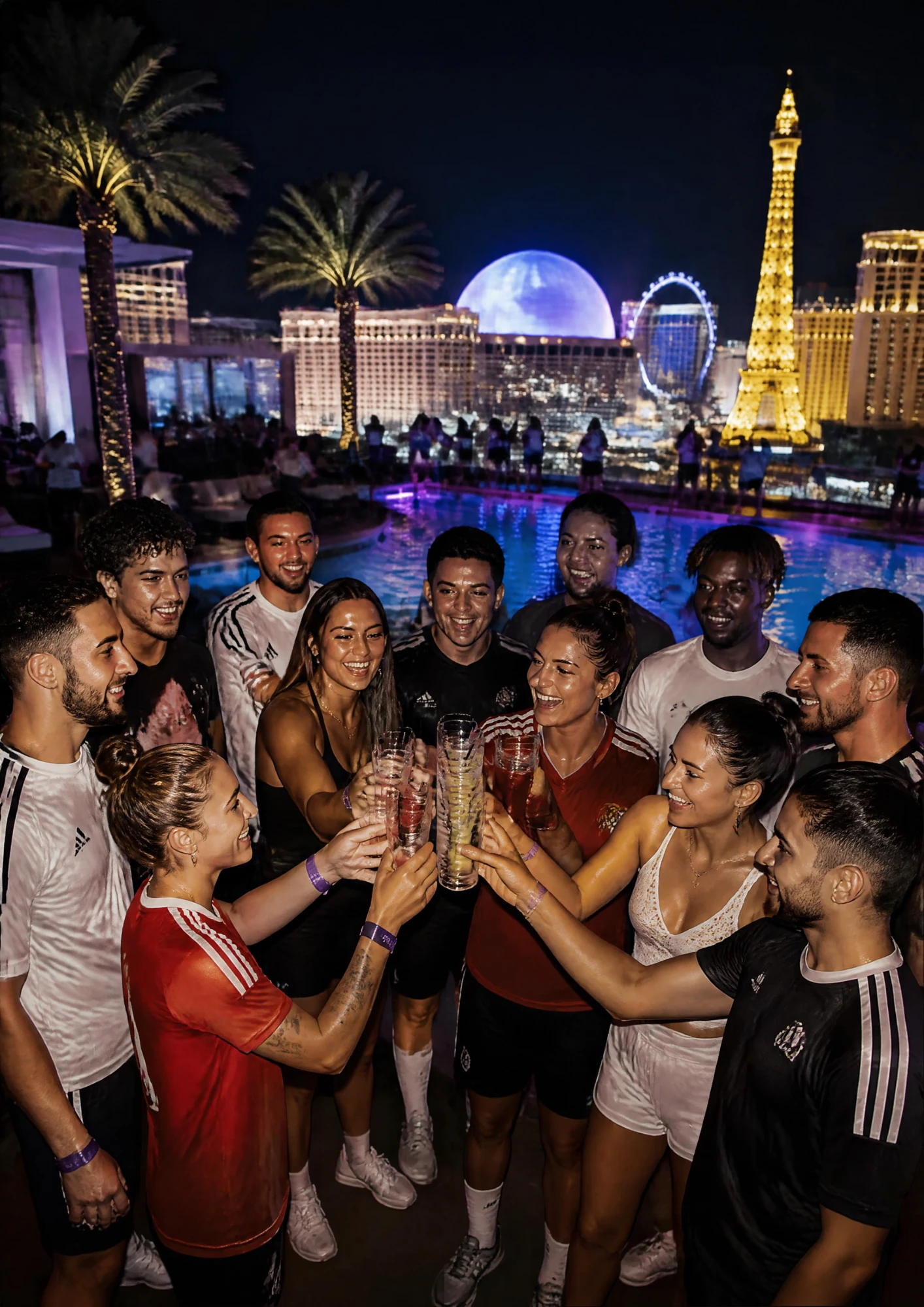 Fußballteam aus Spielerinnen und Spielern stößt auf einer Rooftop-Poolparty in Las Vegas an